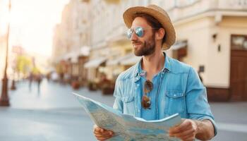 Happy tourist exploring city with map urban environment lifestyle photo