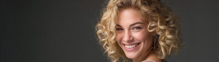 Smiling woman portrait studio photography neutral background close-up photo