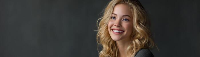 Smiling blonde model portrait bright studio photography indoor close-up photo