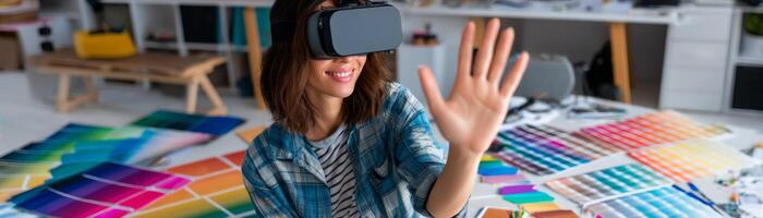 Smiling designer using vr in bright modern studio creative environment photo