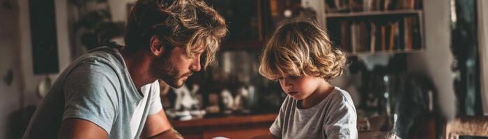 Father and son bonding moment at home teaching math together photo