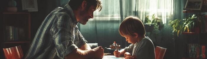 Father and son bonding moment home learning activity cozy close-up photo