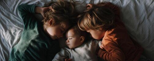 Children sleeping together cozy bedroom photography soft light intimacy photo