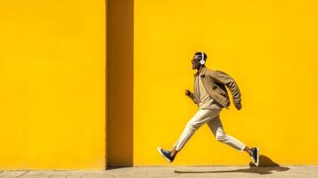 Man running against bright yellow wall urban environment lifestyle photo
