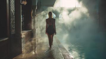 Mystical woman walking through misty pool serene atmosphere reflection photo