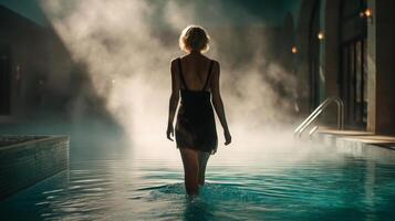 Woman walking through steamy pool spa resort lifestyle serene view photo