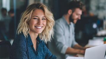 Smiling woman working at desk modern office photography indoor close-up photo