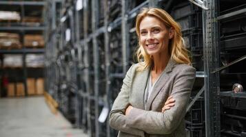 Warehouse management event featuring businesswoman in storage facility photo