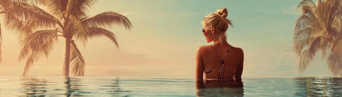 Relaxing woman in pool at tropical resort serenity nature horizon photo