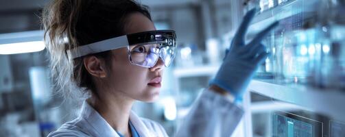 Young scientist using augmented reality in science lab exploration photo