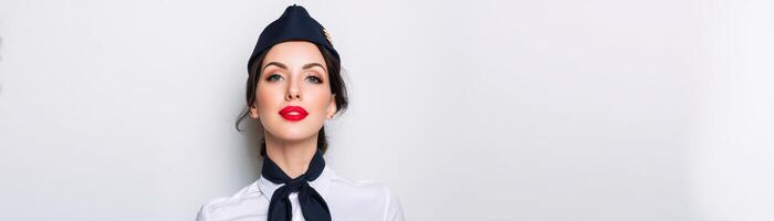Elegant flight attendant portrait studio fashion photography clean background photo
