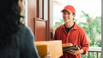 Delivery person bringing packages to a happy customer at home photo