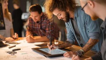 Creative collaboration among designers workspace digital art group inspiration photo