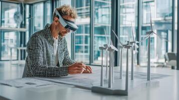 Architect reviewing scale model with ar glasses in modern office photo