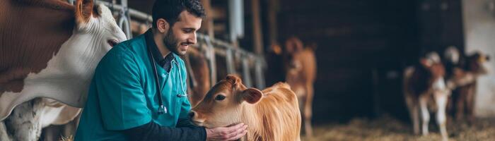Veterinarian caring for calf on farm animal welfare indoor close-up photo