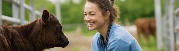 Veterinarian assisting calf at farm smiling in natural environment photo