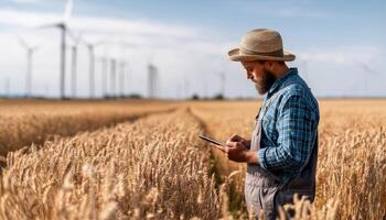 Farmer using smartphone in wheat field renewable energy landscape photo