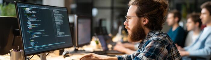 Coding session tech hub digital workspace modern office focused developers photo