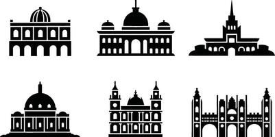 Collection of minimalist black and white building silhouette icons architecture landmarks vector