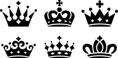 Collection of six elegant black crown illustrations on white background vector