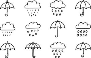 Minimalist weather icons featuring umbrellas and rain clouds in black and white vector