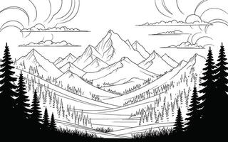 Monochrome mountain landscape illustration with pine trees and stylized clouds vector