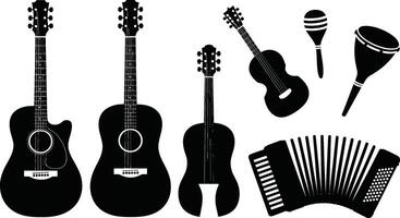 Collection of musical instruments black silhouettes featuring guitar accordion and percussion elements vector