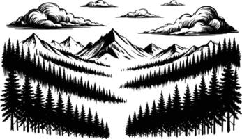 Engraved mountain landscape scene with pine forests and dramatic clouds in black and white vector
