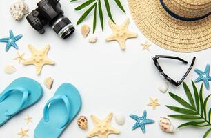 Summer accessories , frame on white background with copy space photo