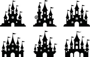 Collection of fantasy castle silhouettes black isolated on white background vector
