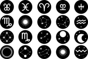 Black and white zodiac signs and constellations set in circle icons vector