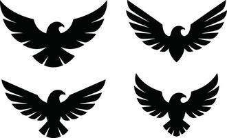 Collection of black eagle silhouette icons with wings spread on white background vector