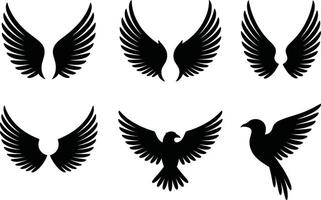 Black bird and wing art illustration collection on white background vector