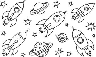 Space rockets and planets illustration pattern black and white outline vector