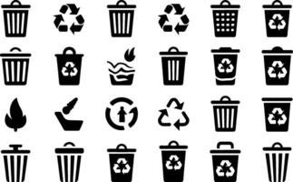 Black and white recycling waste bins icons set with solid style graphics vector