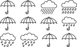 Set of black and white icons of umbrellas and rain clouds weather concept vector