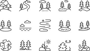 Minimalist outline icon set depicting nature,landscape,and elements of ecology vector