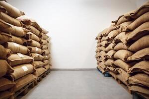 Warehouse Storing Jute Bags Filled With Coffee Beans Ready for Distribution and Processing photo
