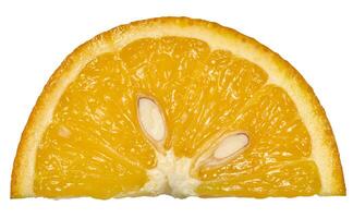 Slice of bright orange orange with visible segments of pulp and thin peel. Close-up of a citrus slice on an isolated background photo