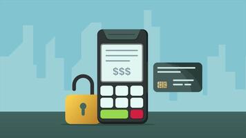 Secure Credit Card Payment with POS Terminal, Lock Icon, and City Background video