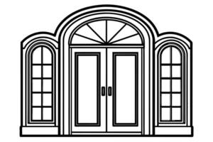 Elegant Double French Doors with Arch Top Windows Majestic Entrance to a Classic Building, Illustrative Line Drawing vector