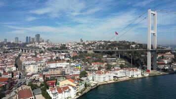 Panoramic aerial view of Ortakoy district and Bosphorus Bridge, Istanbul, Turkey video