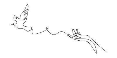 Continuous single line drawing of hands with flying dove and olive branch graphic illustration vector