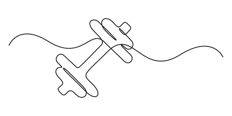 Continuous one line drawing of dumbbells. Sport equipment in one linear style. Design element for poster, banner, flyer. Sport, workout, wellness. Graphic illustration