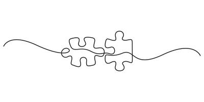Continuous line drawing of two puzzle pieces. Problem solving and solution business metaphor. Single line drawing of puzzle piece for idea, business, thinking process, creativity. Graphic illustration vector