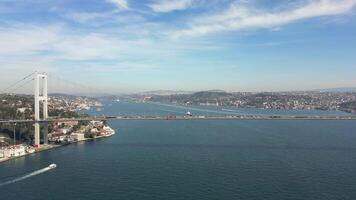 A drone flies over the Bosphorus Strait along the Bosphorus Bridge Istanbul, Turkey video