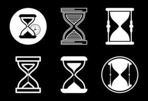 Sand clock icons set design. Hourglass symbol, Time measuring sign white on black background vector