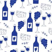 Seamless pattern wine bottles cheese glasses grapes flat style vector