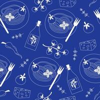 Seamless Pattern of Italian Spaghetti and Mediterranean Ingredients in Flat Style on Blue Background vector