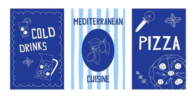 Set of Flat Style Posters with Mediterranean Food and Drinks for Summer Menu Design Featuring Pizza and Cold Beverages vector